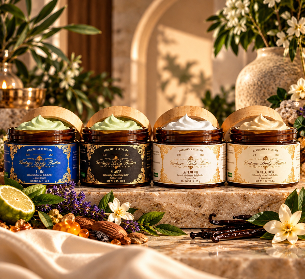 AplantheCary's four body butters in a warm botanical setting