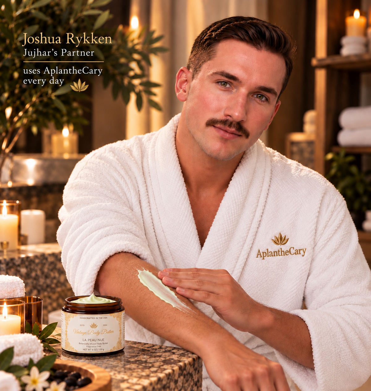Joshua Rykken, Jujhar’s partner, applying AplantheCary body butter to his arm.